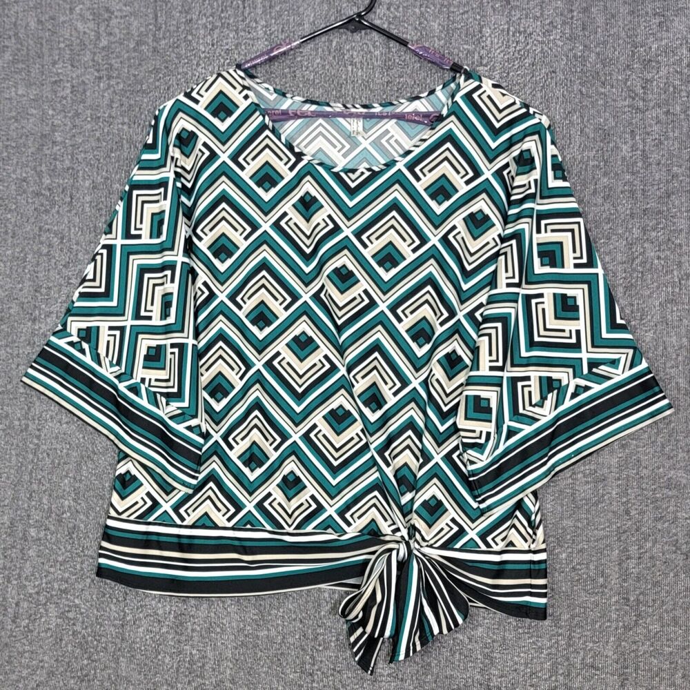 Per Seption Concept Blouse Womens 3X Green Black White Geometric 3/4 Sleeve Top